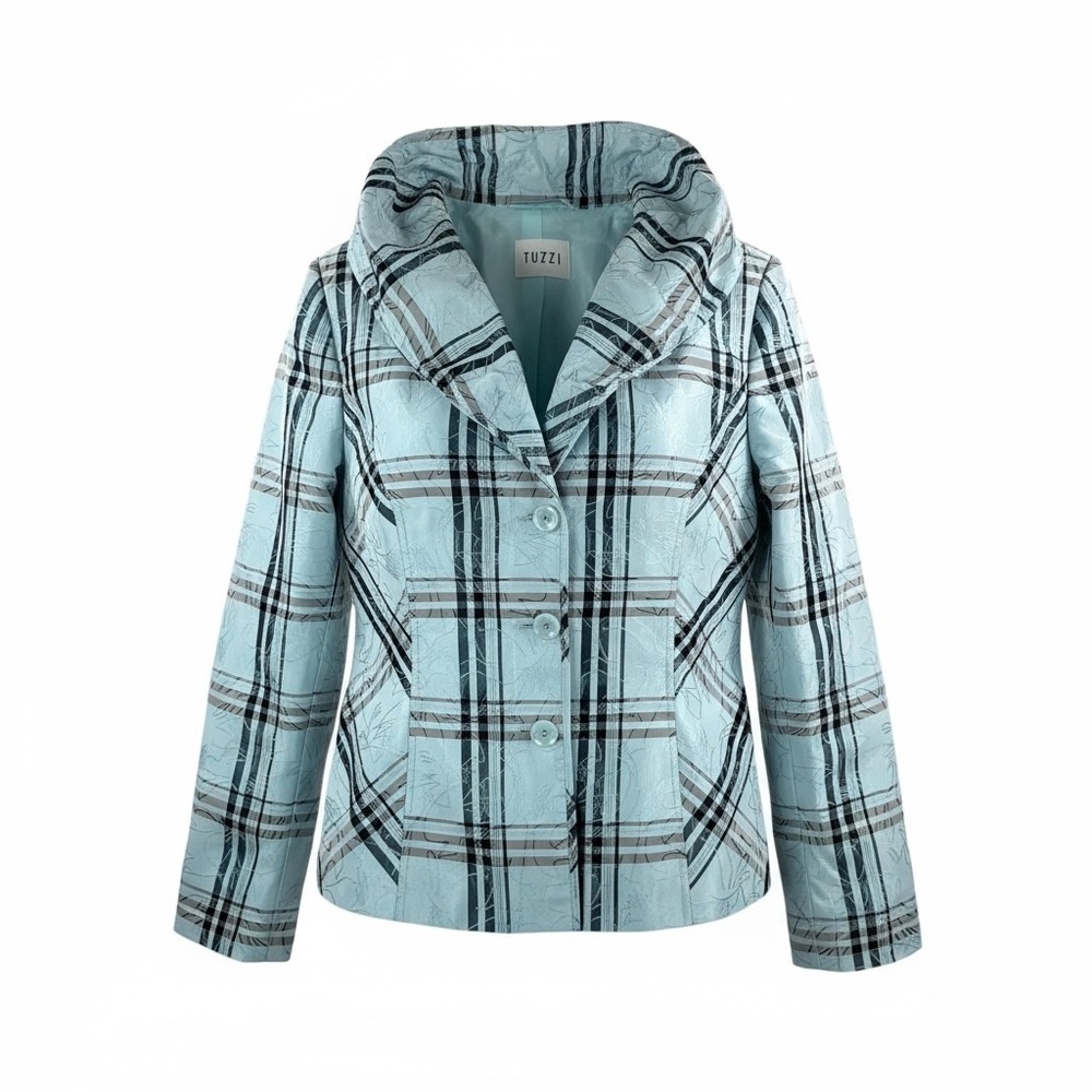 Tuzzi Plaid Blazer‎ Shawl Collar Button Front Jacket plaid artsy sz 8